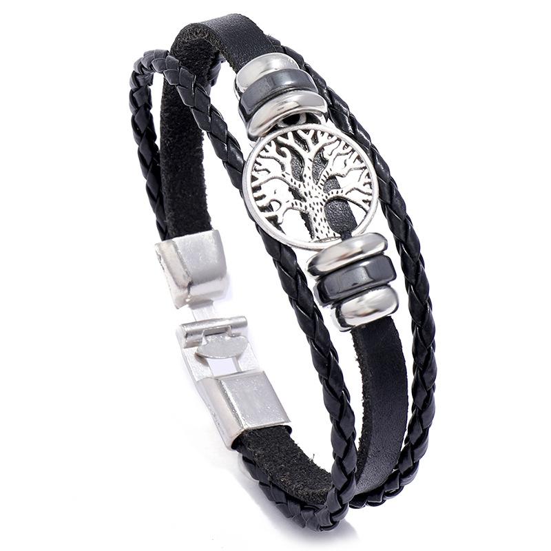 Hot Selling Men s Genuine Leather Cuff for Bracelet with Alloy Lucky Tree Accessories Fashionable for Bracelet for Men and Women чёрный