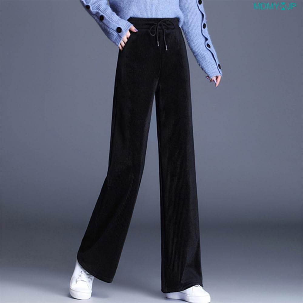MDMYXJP Veludo Cotelê Perfeito para o Outono e MD371 Calças Femininas, de Perna Larga, Forradas com Lã, Quentes, Longas, de Cintura Alta, Inverno, (JP, Alfabeto, L, Preto)
