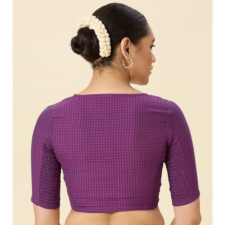Women Cotton Half Sleeve Madras Checks Saree Blouse with Stretchable Sides