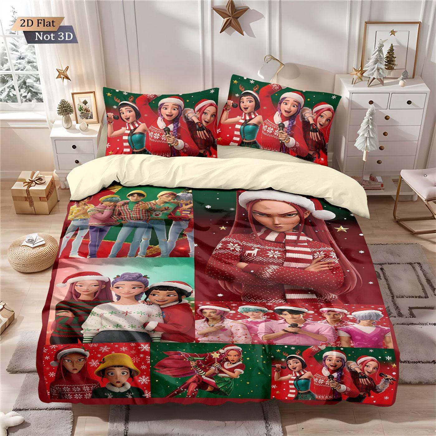 

3pcs Christmas K-Pop Demon Hunters Print coreless Bedding Set Multiple Sizes Comfortable Bedrooms Dormitories Machine Washable 135x200cm-EU-Single&set