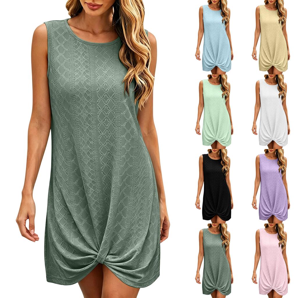 2026 European and American Women's Solid Color Casual Fashion Court Lock Round Neck Sleeveless Dress