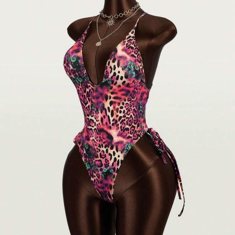 Nuovo Costume da Bagno Sexy a Pezzo Unico Bikini Stampa Leopardo Vacanza al Mare Rosa Europeo e Americano