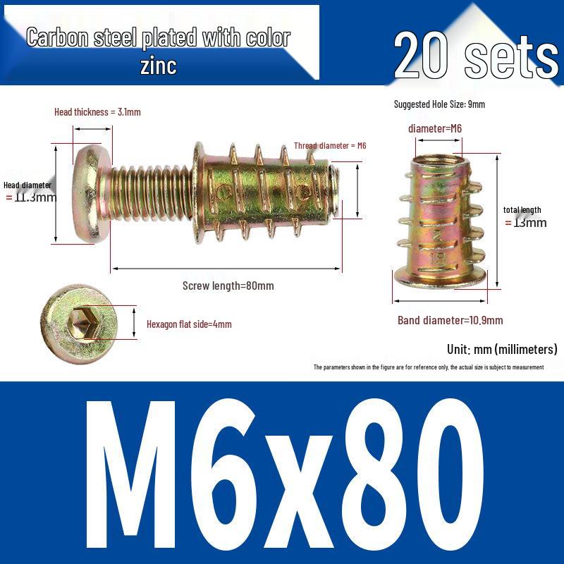 Flat Head Hex Socket Screws & Pre-embedded Nut Set for Wooden Bed Connectors