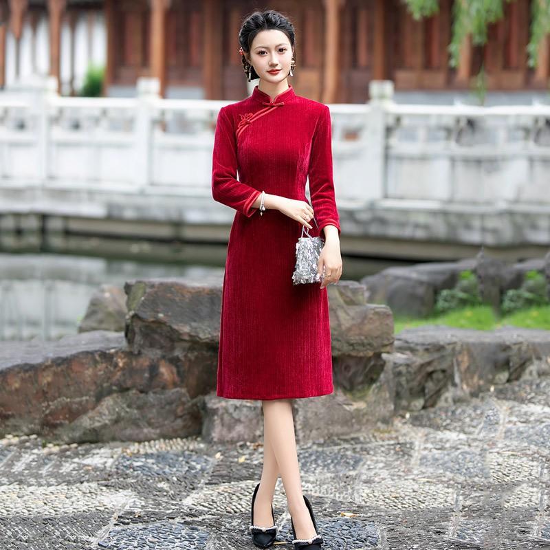 Slim Fit Black Dress Women Vintage Chinese Style Long Sleeve Midi Wear