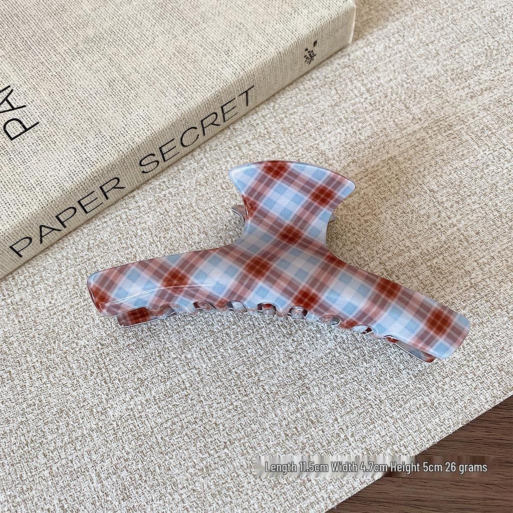 Korean Blue & Coffee Plaid Hair Claw: Versatile Shark Clip for Women
