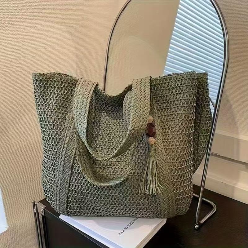 1 Stück Etikettierte Selbstabhol-Strohtasche Neue Gewebte Tasche Gewebter Stoff Vielseitige Umhängetasche Pendler-Tragetasche