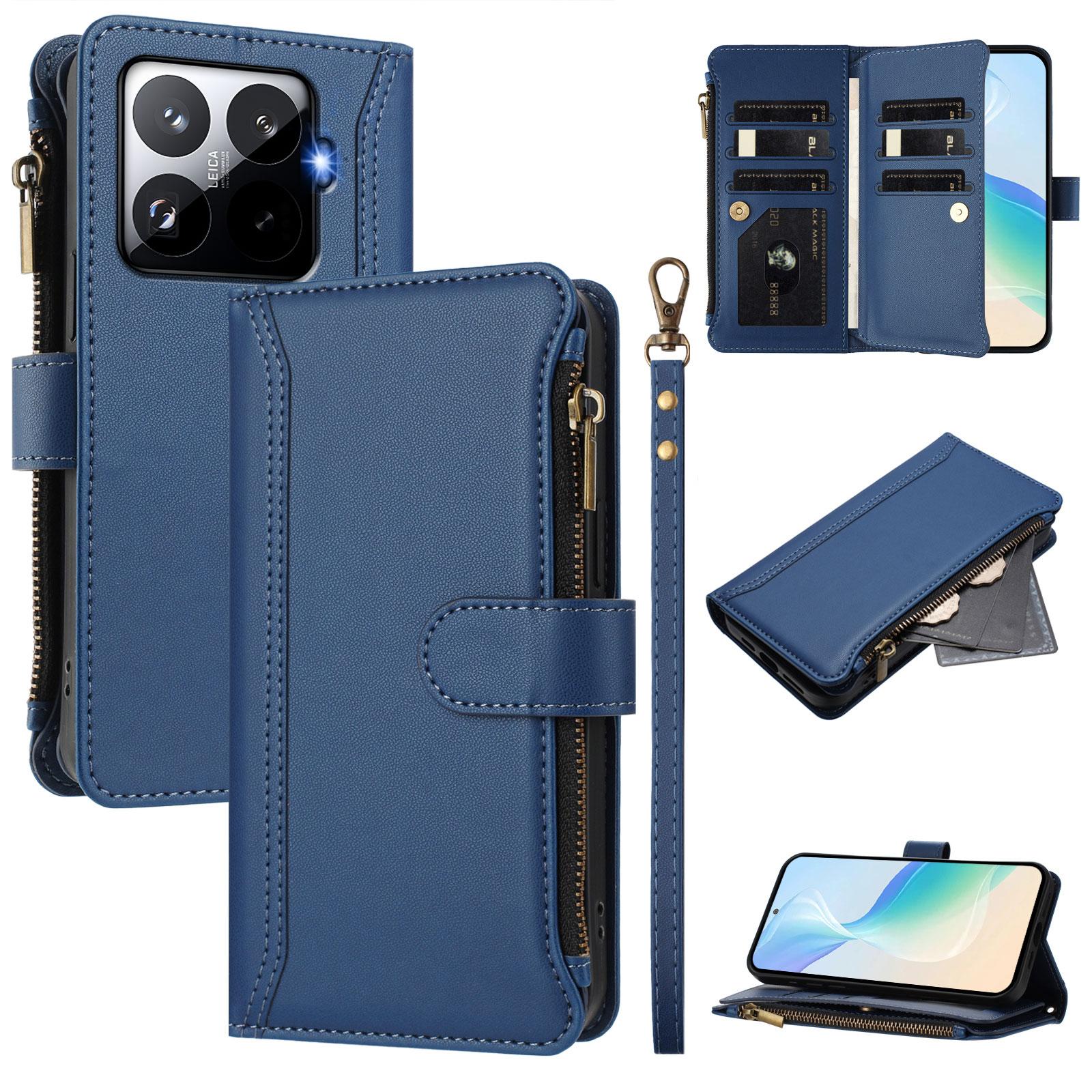 

For Xiaomi 15T Pro Leather Case 9 Card Slots Zipper Wallet Stand Phone Cover with Wrist Strap Dark Blue