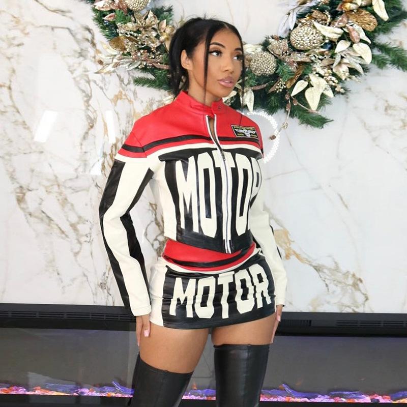 Damen Lässig Mode Langarm Buchstabenmuster Kurzer Rock Zweiteiler Stilvolles Outfit im europäischen und amerikanischen Stil Perfekt für den Alltag