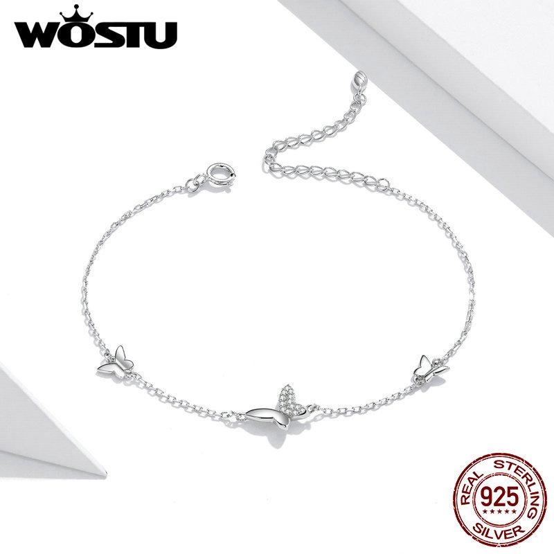 WOSTU Nueva Llegada Pulsera Original de Mariposa de Plata 925 Cadena de Eslabones Ajustable Brillante de Circonita Para Joyería de Mujer CQB197