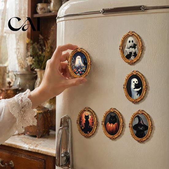 Kitchen Refrigerator Magnet 1/6Pcs Halloween Retro Frame Magnet, Wooden Fridge Seasonal Magnets Decor Decoration, Memo Note Holder for Holiday
