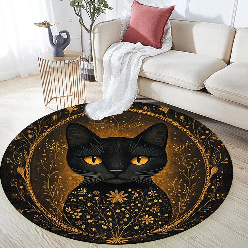 Golden Framed Black Cat Round Area Rug,Carpet Rug for Living Room Bedroom Sofa Playroom Decor,Non-slip Floor Mat