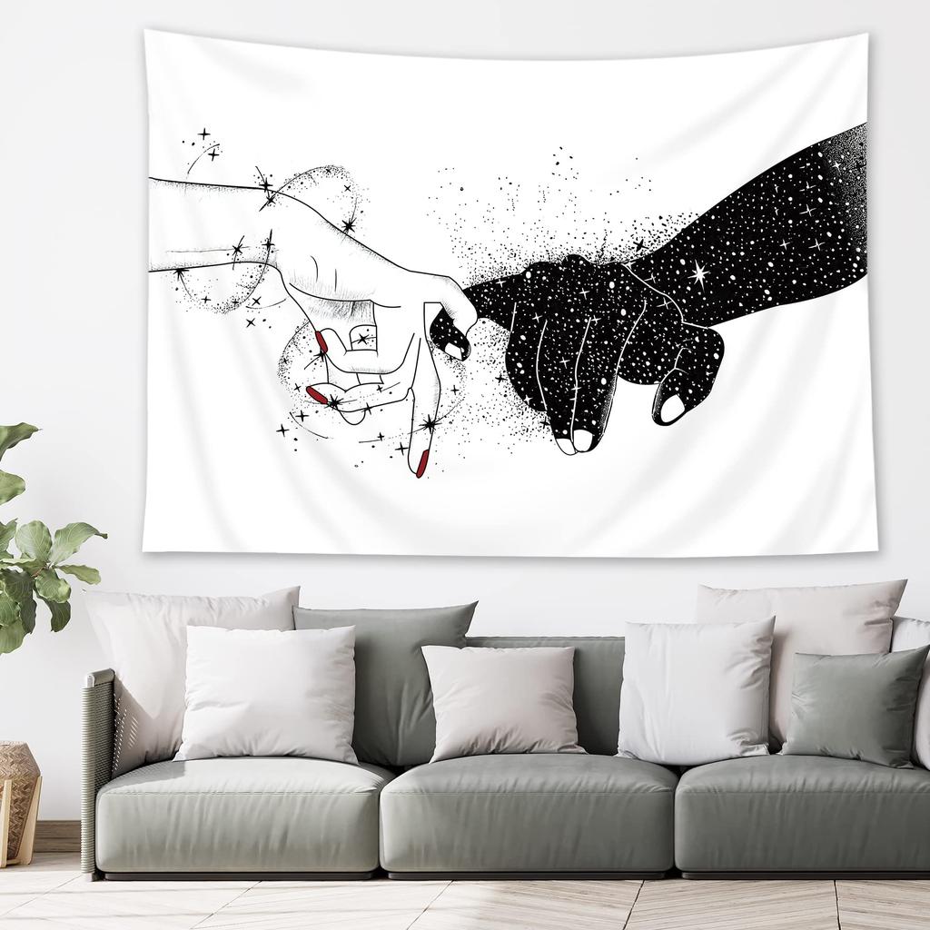 Black and White Love Hands Tapestry Space Stars Galaxy Tapestry Wall Hanging Romantic Art Home Decor for Bedroom Living Room