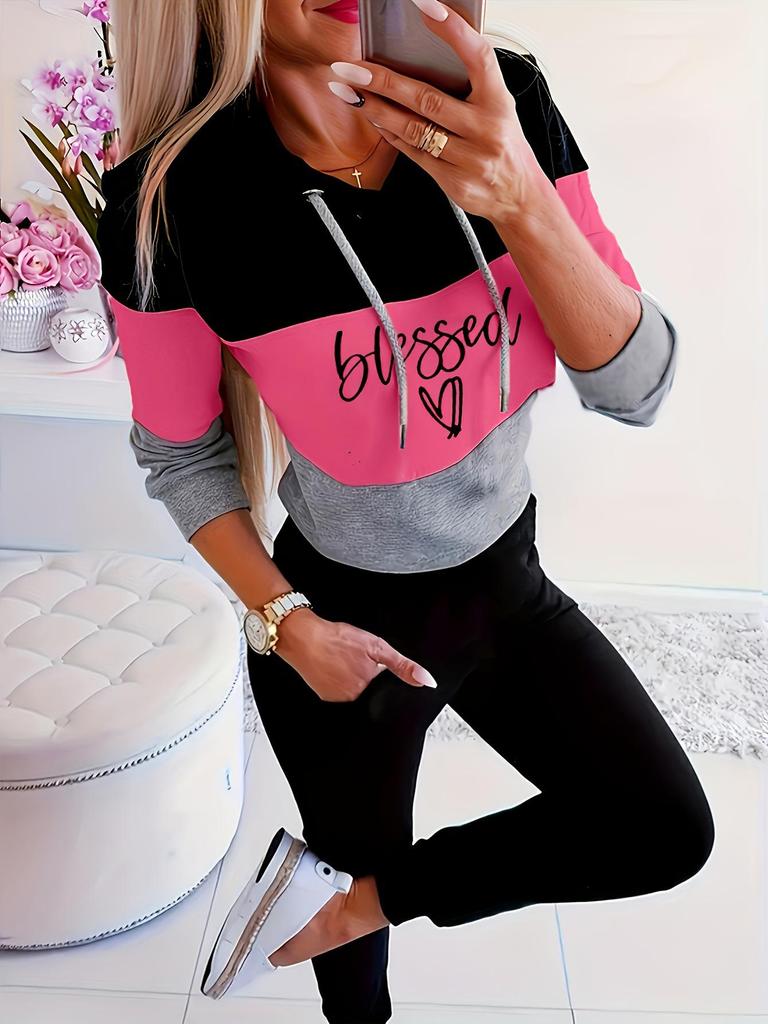 Spring 2025 European & American Colorblock Hooded Printed Long Sleeve Casual Set