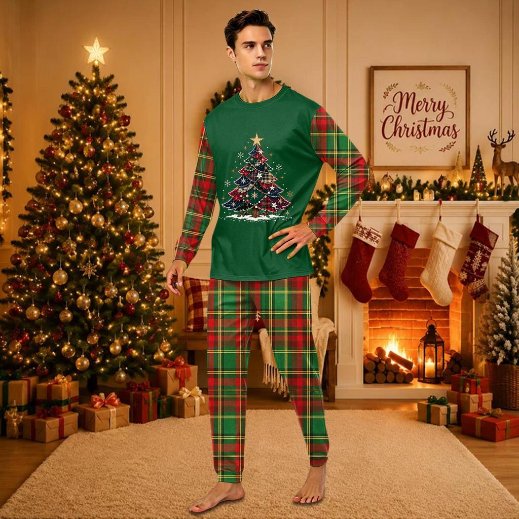 Christmas-print long-sleeve and long-pant matching family loungewear set