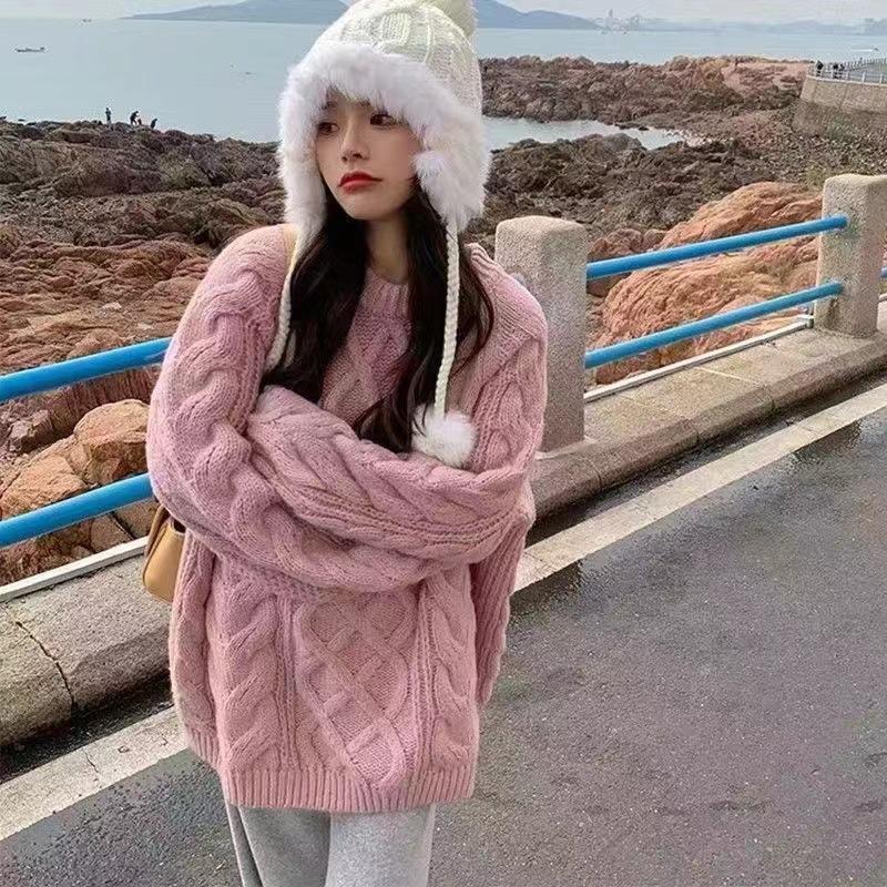 Women's crew neck twist knitted sweater new autumn and winter purple outer wear sweet sweater women's lazy outer wear top