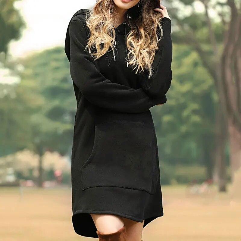 Hoodies Casual Losse Effen Jurk Vrouwen Elegant Lange Stijl Zak Oversized Sweatshirt Vrouwelijk Lief Design Chic Streetwear Jurken