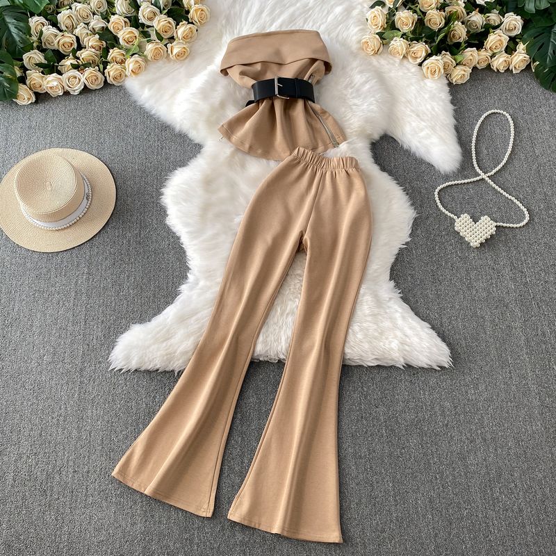 

Yujie Style Temperament off-Shoulder Tube Top Vest Design Sense Side Zipper Waist Hugging Top + High Waist Trumpet pants Set Light brown L