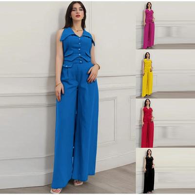 2025 Spring and Summer New Women's Solid Color Blouse Sleeveless Waist Two-piece Casual Trousers Suit