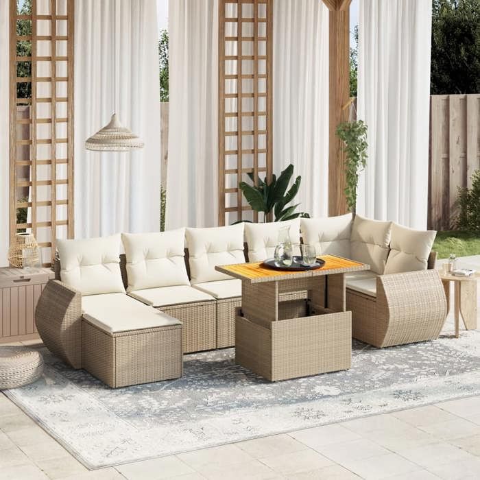 VidaXL Salon de Jardin avec Coussins 8 pcs, Canapés de Terrasse, Ensemble de Meubles de Patio, Mobilier d'Extérieur, Beige 3275823