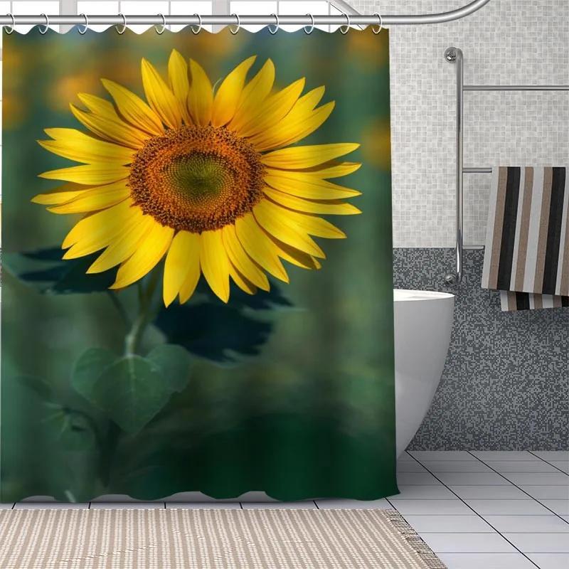 

Fresh Nature Sunflower Art Pattern Shower Curtain Bathroom Decoration Waterproof Polyester Fabric Bathtub Screen With Hooks W60H190(CM)-1 Pcs