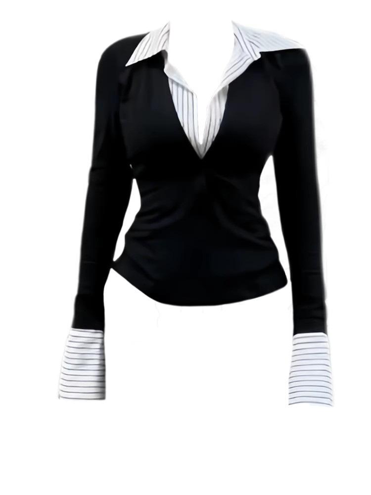 

Весна Осень Поддельный Двойной Трикотаж в Полоску Пэчворк Футболка Женская Водолазка Элегантная Модная Футболка Пуловер Топ S чёрный