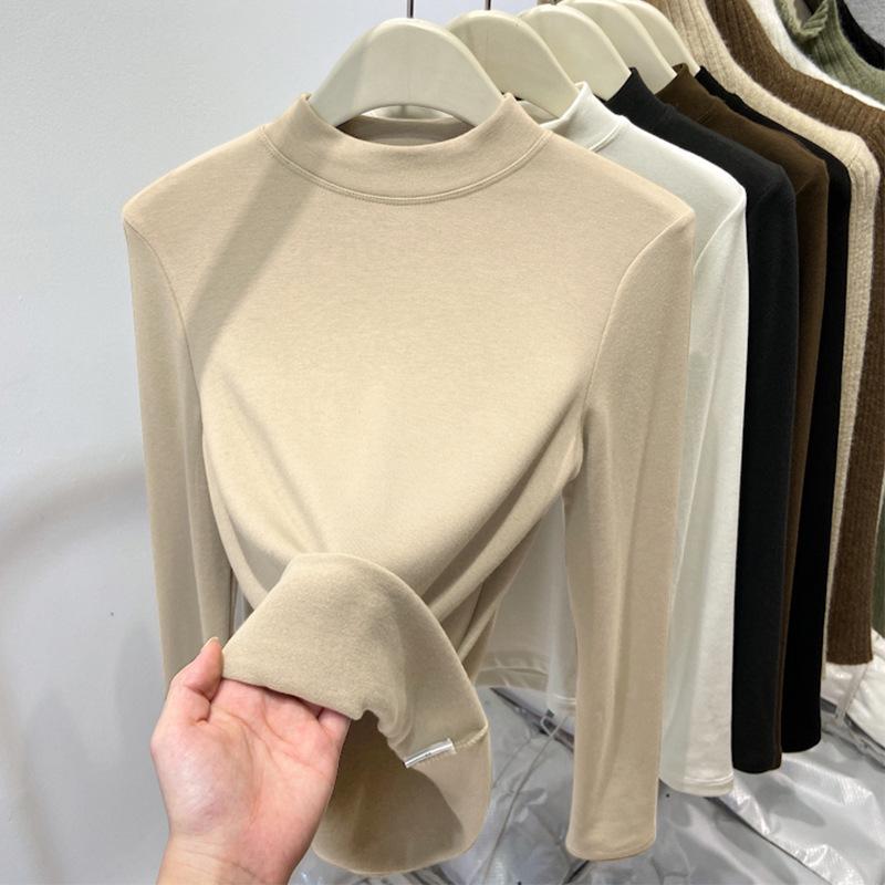 Women's Slim Fit Fleece-Lined Stand Collar Shirt, Brushed Thin Fleece, Long-Sleeve T-Shirt, Autumn/Winter 2025