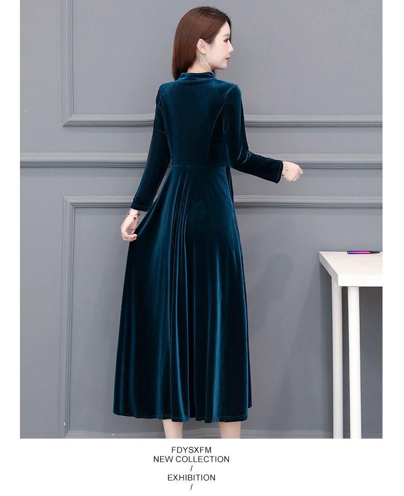 Elegant Gold Velvet Cheongsam: Thick, Fashionable Long Dress for Spring and Autumn