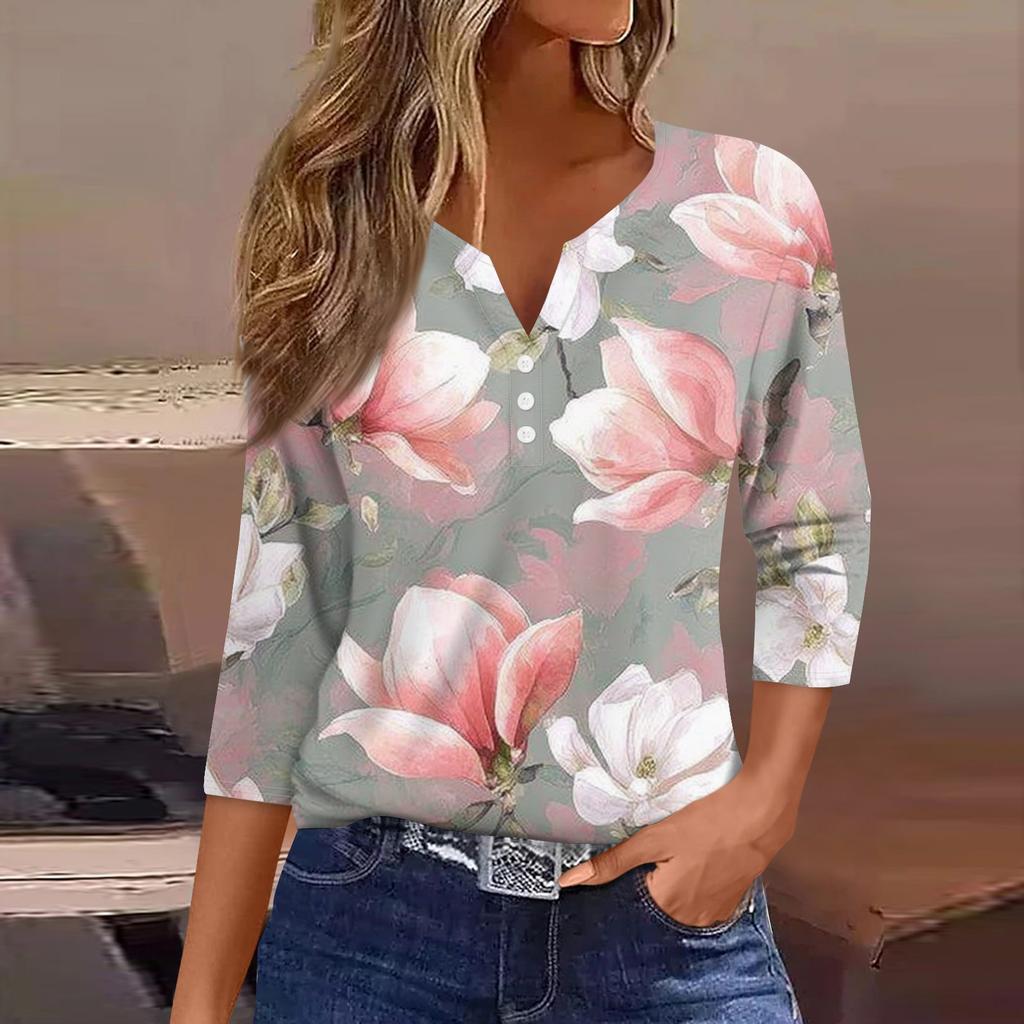Women's Fashion Casual Floral Print V-Neck Decorative Button Three-quarter Sleeve T-Shirt Top