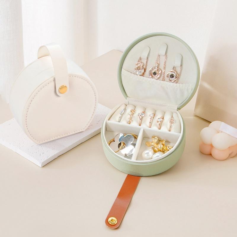 Portable Semi-Circular Small Travel Jewelry Case for Women Compact Top Handle Ring Necklace Earring Organizer Box