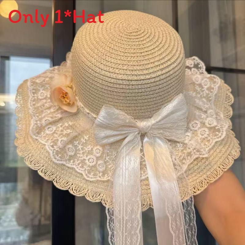Weaving Lace Bow Sun Hat With Wide Brim For Beach And Vacation