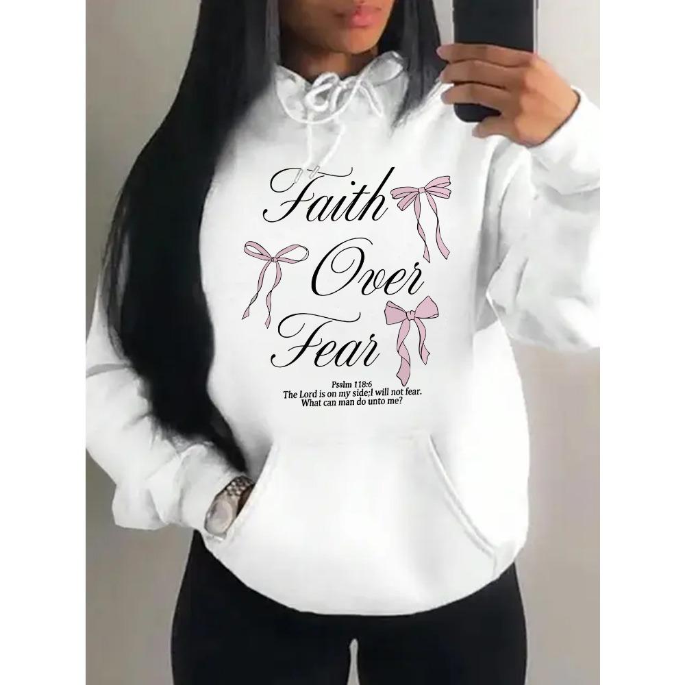 Pink Bow Faith Over Fear Printing Women Hoodies Pocket Loose Hoody Casual Fleece Y2K Hoodie Soft Woman Clothes