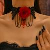 Vintage style dark red rose long fringed necklace goth black lace collarbone chain collar