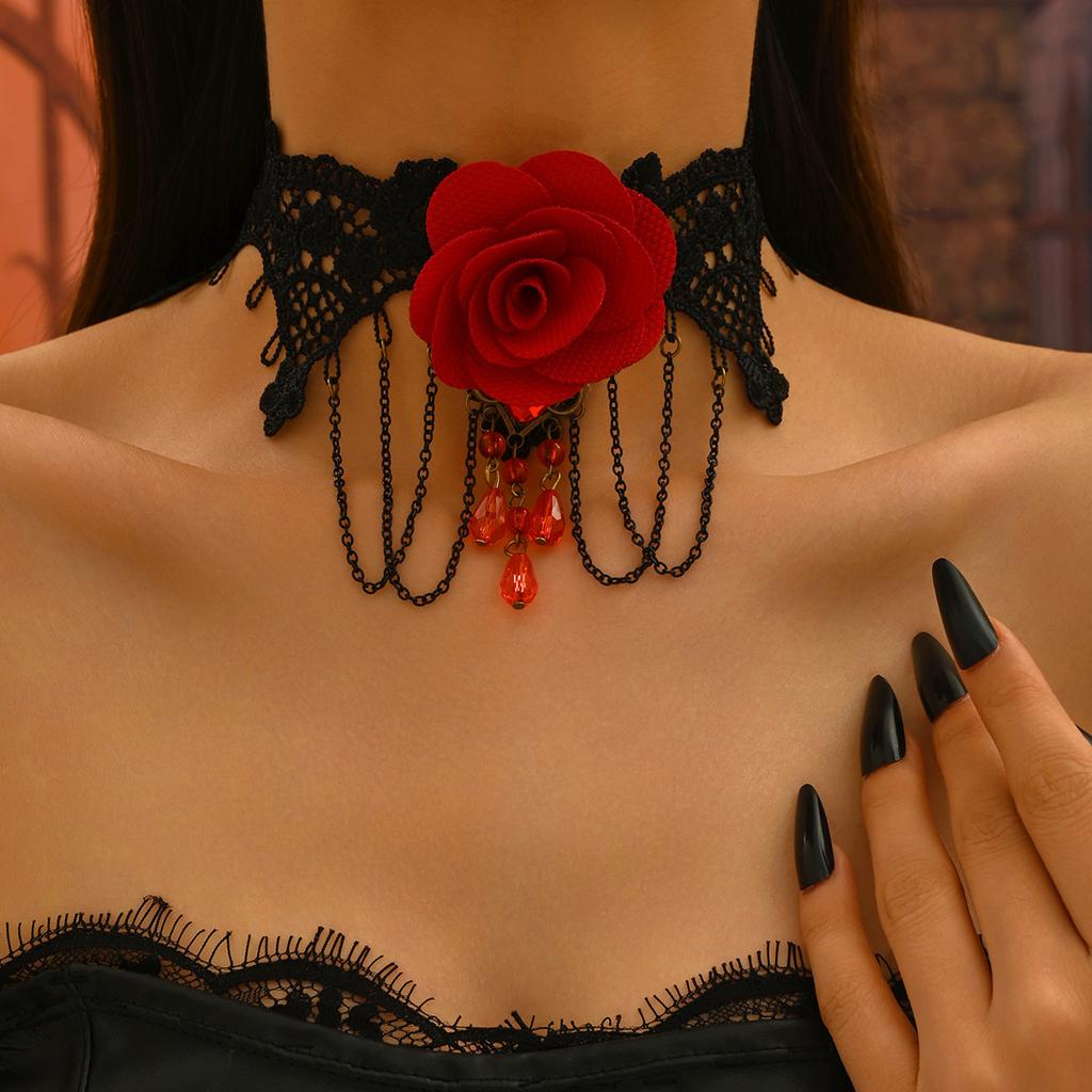 Vintage style dark red rose long fringed necklace goth black lace collarbone chain collar