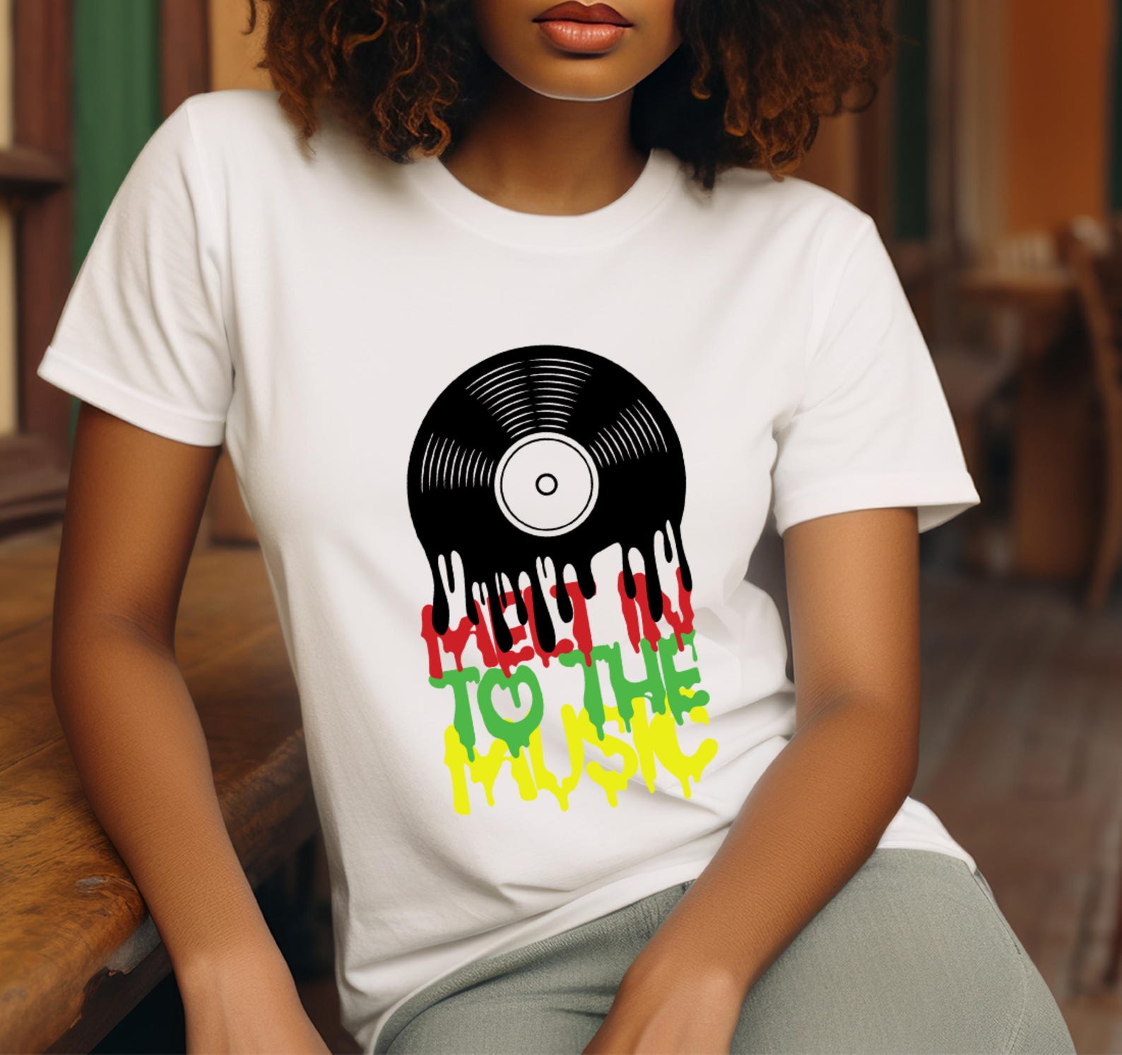 Melting Vinyl Record T-Shirt: Rasta Colors Music Tee M