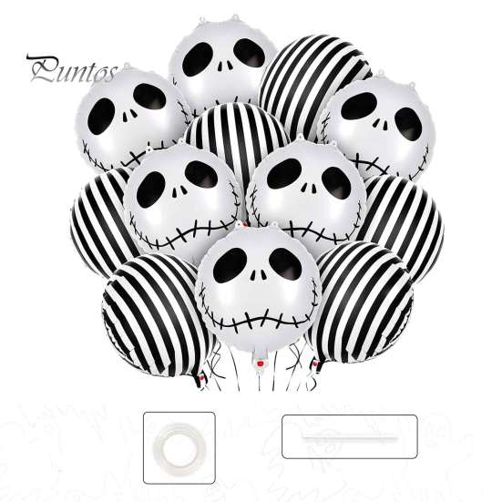 Carnival Themed Decorations 12PCS Halloween Skull Balloon Set, Aluminum Foil Balloons, Black And White Balloons Striped Realistic Print for