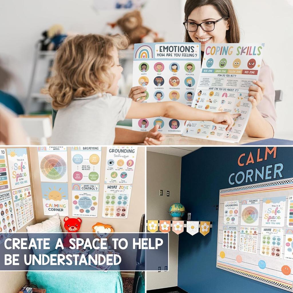 12 Boho Calming Corner Classroom Posters - Feelings Wheel Chart & Emotions Poster For Kids, Calm Down Corner Supplies For Therapy Office Decor,