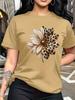 Floral Pattern Print with Leopard Elements Trendy Fashion Simple Round Neck Casual Versatile Short Sleeve Women's T-Shirt Suitable for Casual Travel V