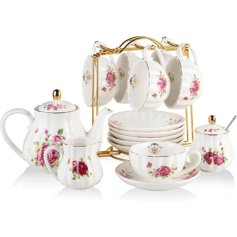 Seturi de Ceai din Porțelan Seria Regală Britanică, Căni de 8 OZ și Serviciu de Farfurii pentru 6 persoane, cu Ceainic, Zaharniță, Cremier, Lingurițe