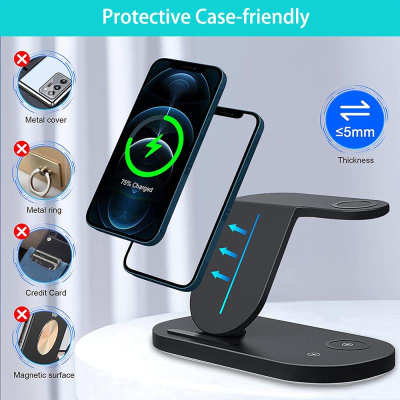 Suport de încărcare fără fir 3 în 1 cu lumină LED inteligentă Stație de andocare de încărcare rapidă de 15 W pentru iPhone Samsung S22 S21 Galaxy Watch 5 4 Buds Pro