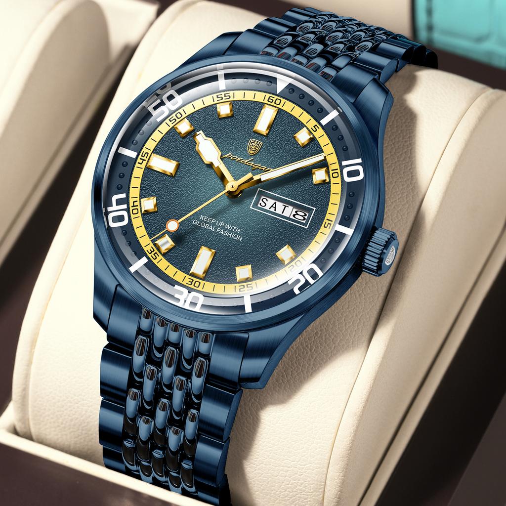 POEDAGAR Luxury Military Man Watch Casual Waterproof Luminous Date Week Men Watch Stainless Steel Quartz Men's Watches Reloj+Box