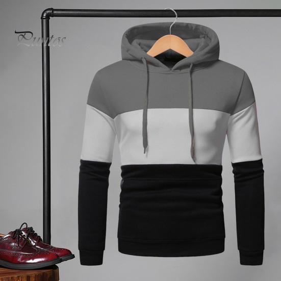 Men Fall Winter Hoodie Colorblock Drawstring Long Sleeves Big Pocket Hooded Retro Thin Loose School Daily Wear Casual Sport Top