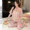 Color striped v-neck thin ice silk pajamas three-piece women's short-sleeved shorts trousers summer casual loungewear