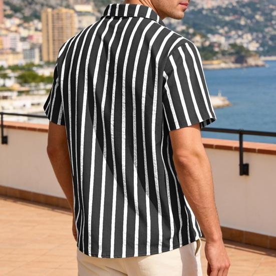 Men Striped Summer Shirt Short Sleeve Turndown Collar Button-up Shirt Casual Loose Fit Holiday Shirt for Beach Party Vacation Date