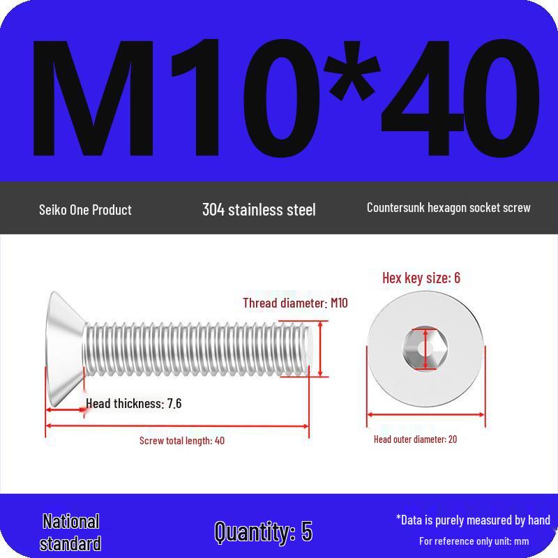 M2-M10 Stainless Steel Flat Head Machine Screws and Bolts Set, Countersunk Hex Socket Cap, 304 Grade.