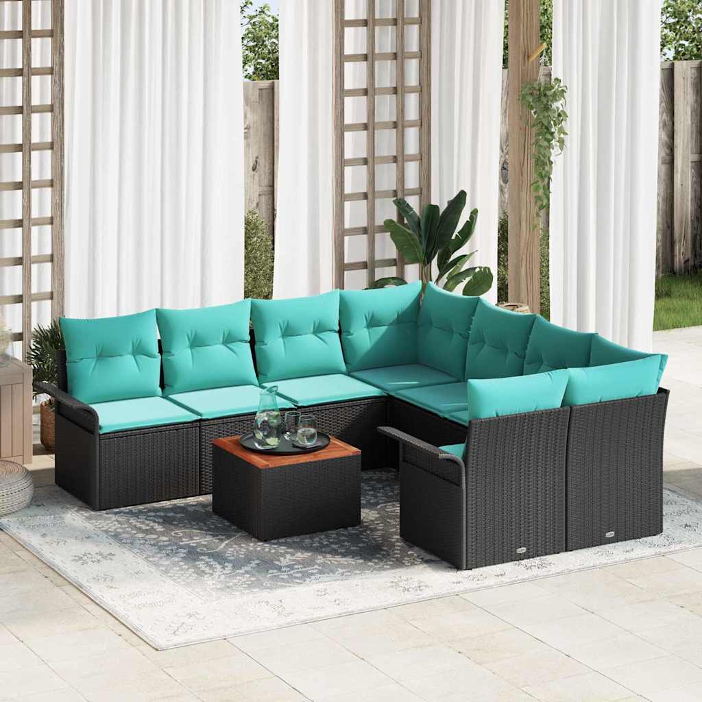 Garden Sofa Set 9 pcs Black and Turquoise Poly Rattan