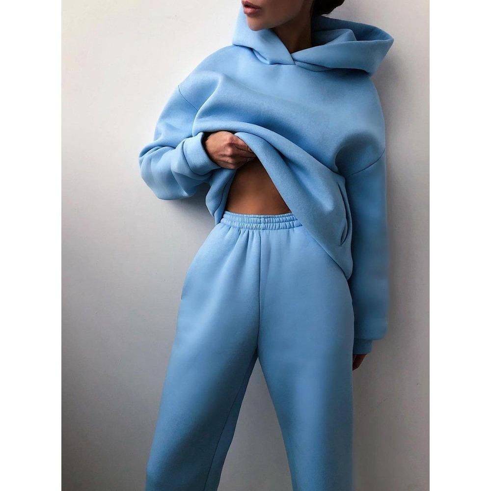 Women Elegant Solid Sets For Women Warm Hoodie Sweatshirts And Long Pant Fashion Two Piece Sets Ladies Sweatshirt Suits