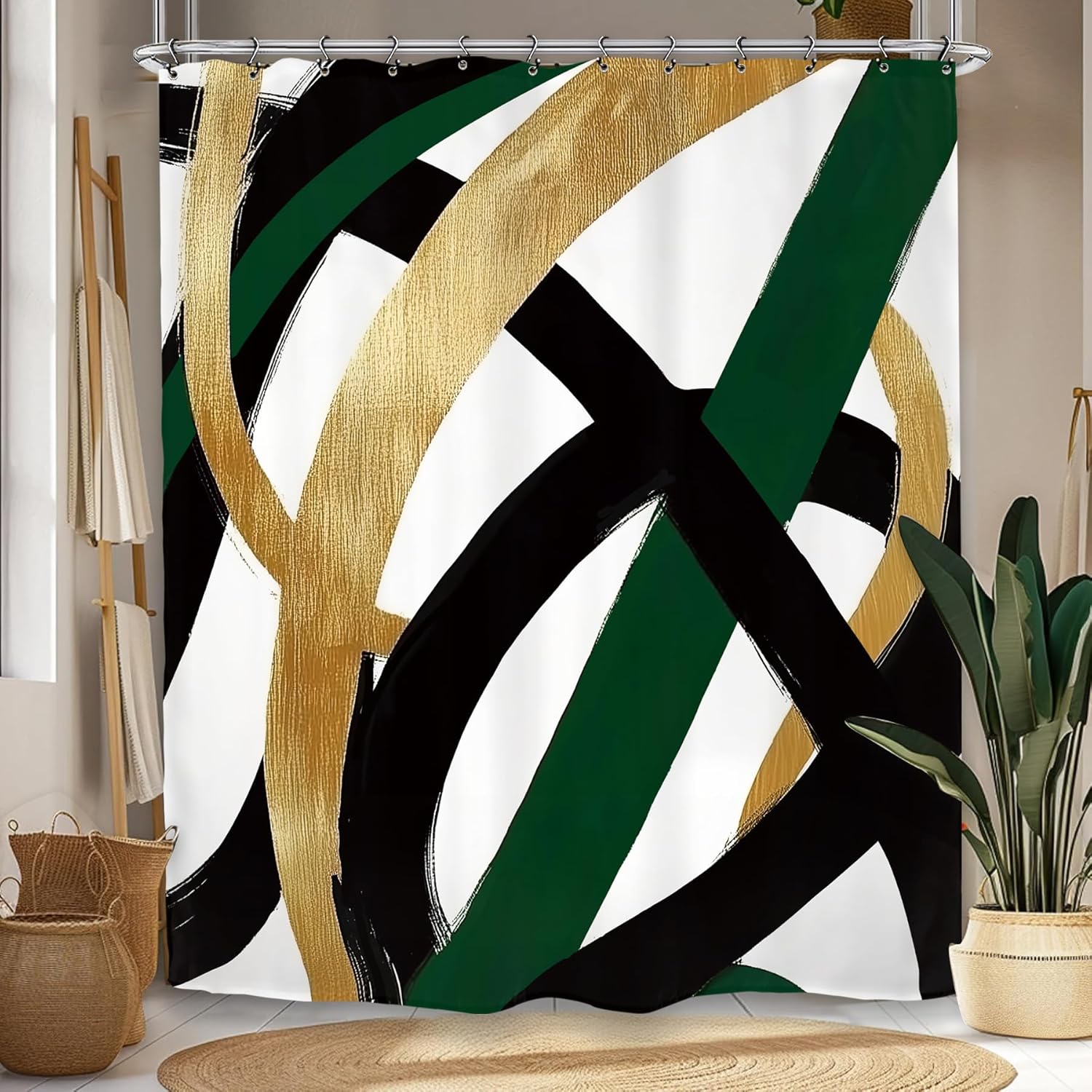 

Abstract Gold Green Black Brush Stroke Pattern Waterproof Shower Curtain 180x200cm - Modern Art Print Bath Living Room Decor 90x180cm35x71in