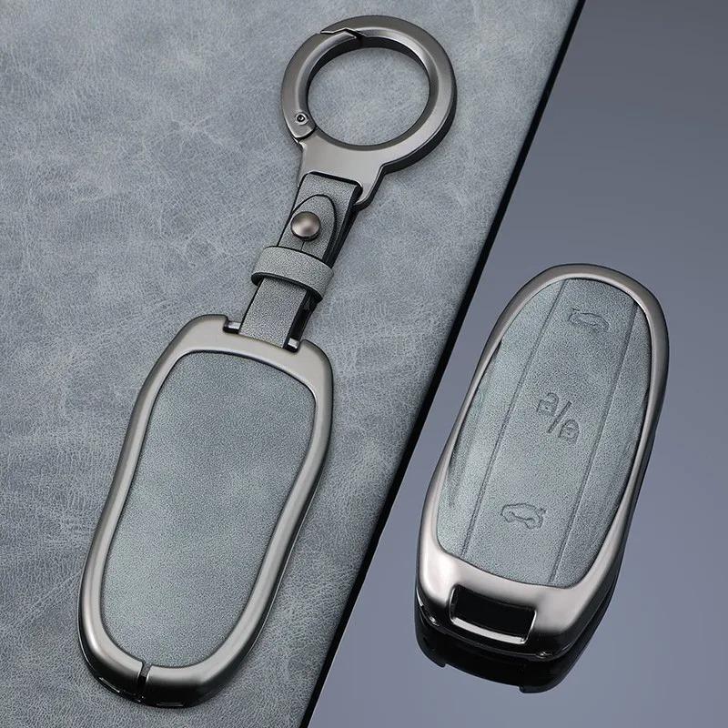 Kmkm Zinc Alloy Leather Car Key Cover Case Shell Fob For Tesla Model 3 Model Y X S Key Shell Bag Holder Protector Accessorie
