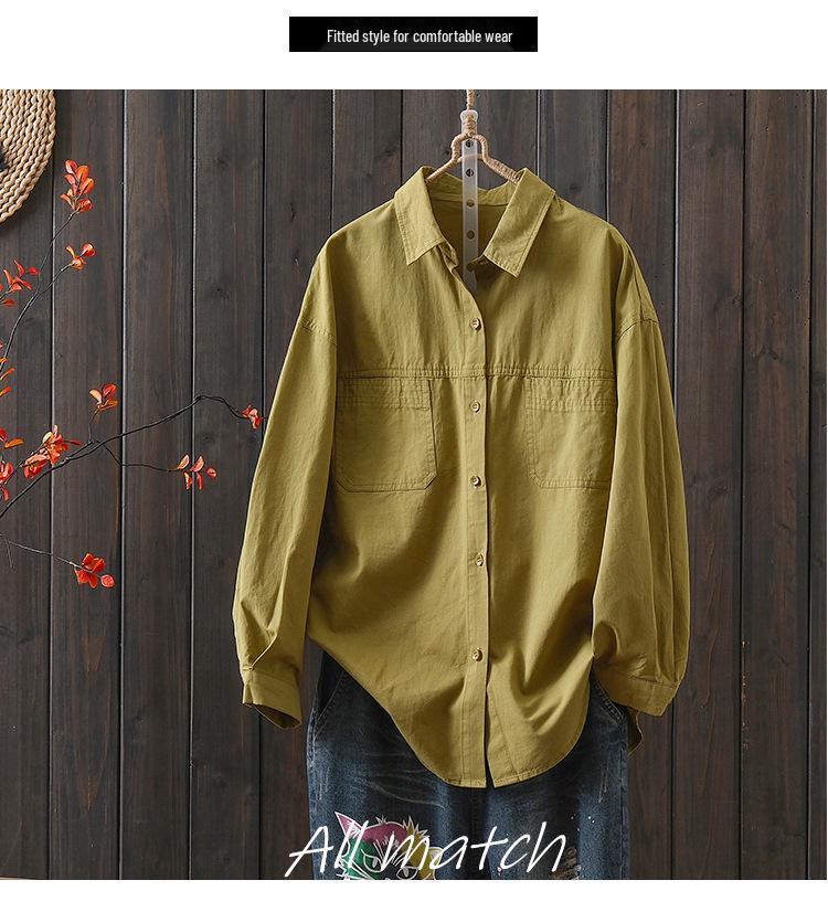 Women's Casual Korean Style Cotton Shirt Jacket - Loose, Slimming, Artistic, Lapel Design for Spring
