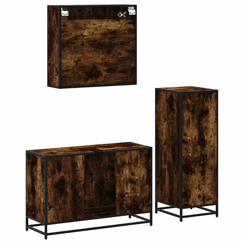 3 Piece Bathroom Furniture Set Smoked Oak Wood Based Material